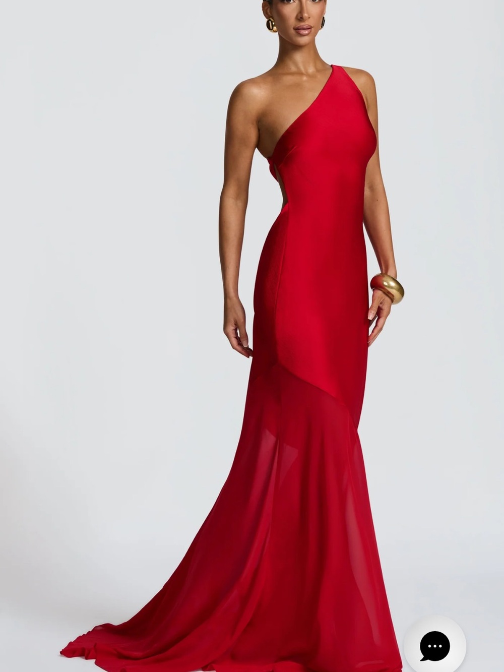 Red One-Shoulder Satin Dress with Side Tie - Picture 2 of 4